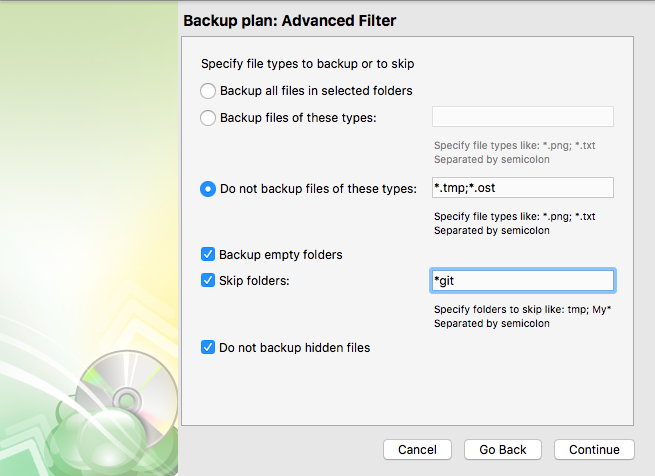 Advanced Filters as a step of backup plan wizard